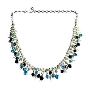 Vintage Blue Rhinestone Necklace CORO Silver Tone Icicle Bib Cocktail Collar Mod